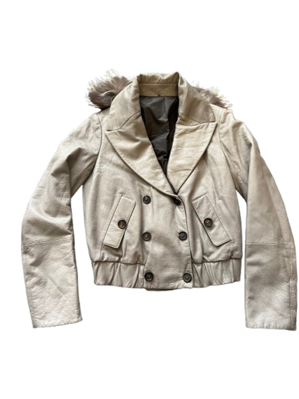Brunello Cucinelli Archival Leather Double Breasted Bomber Jacket w/ Fur Hood 42